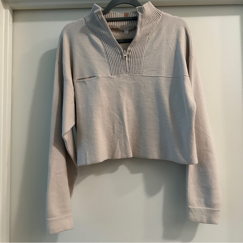 Small - Lunya Cozy Cotton Silk Zip Pullover in Calm Tan - Picture 4 of 6